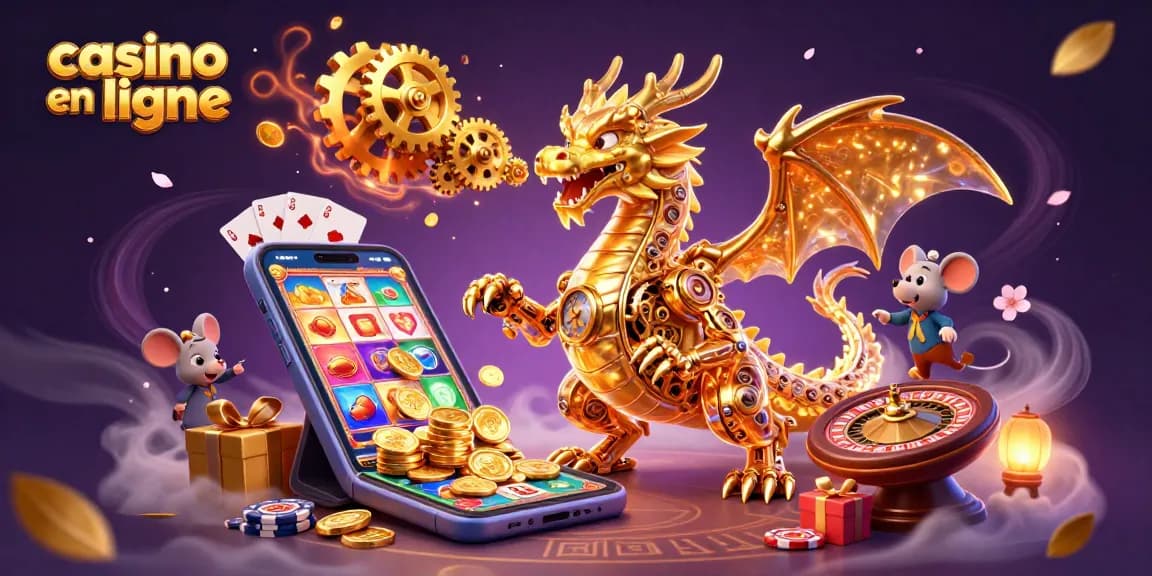 Jeux captivants sur un casino en ligne avec dragon mécanique en arrière-plan.