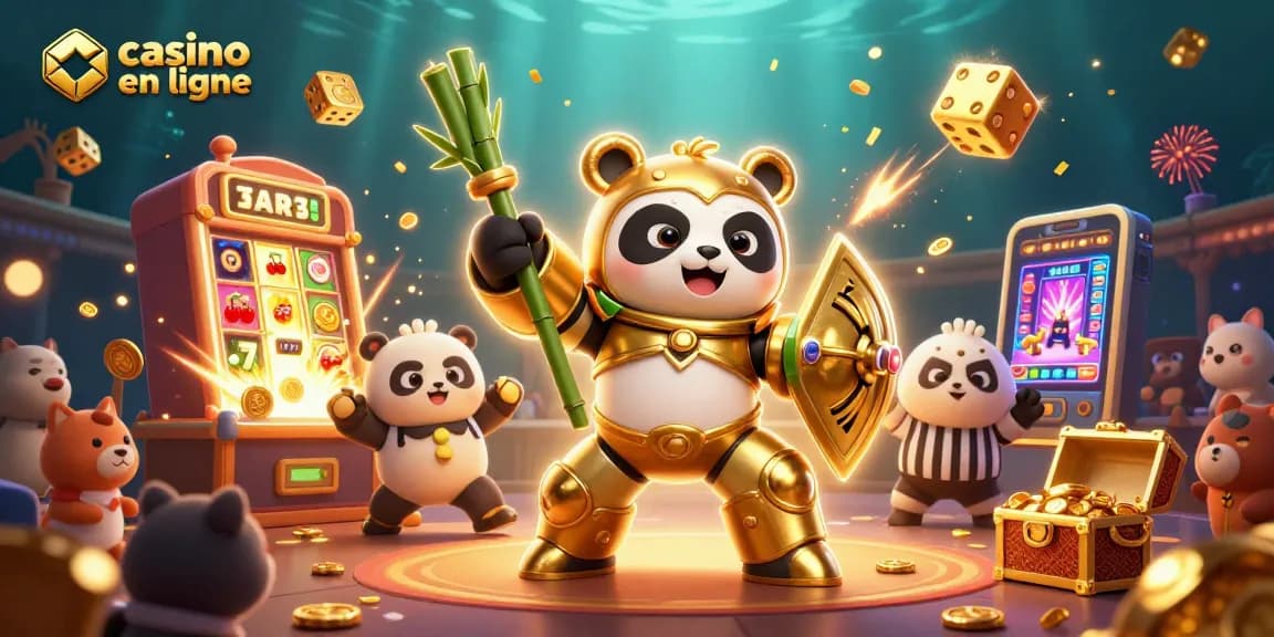 Découvrez le casino en ligne avec une scène dynamique où un panda doré pilote un robot de combat entouré de symboles de machines à sous.