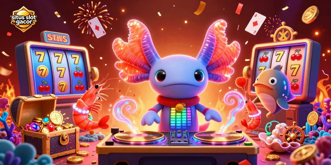 Engage in thrilling gameplay on situs slot gacor with vibrant characters celebrating big wins in a casino-themed underwater world.