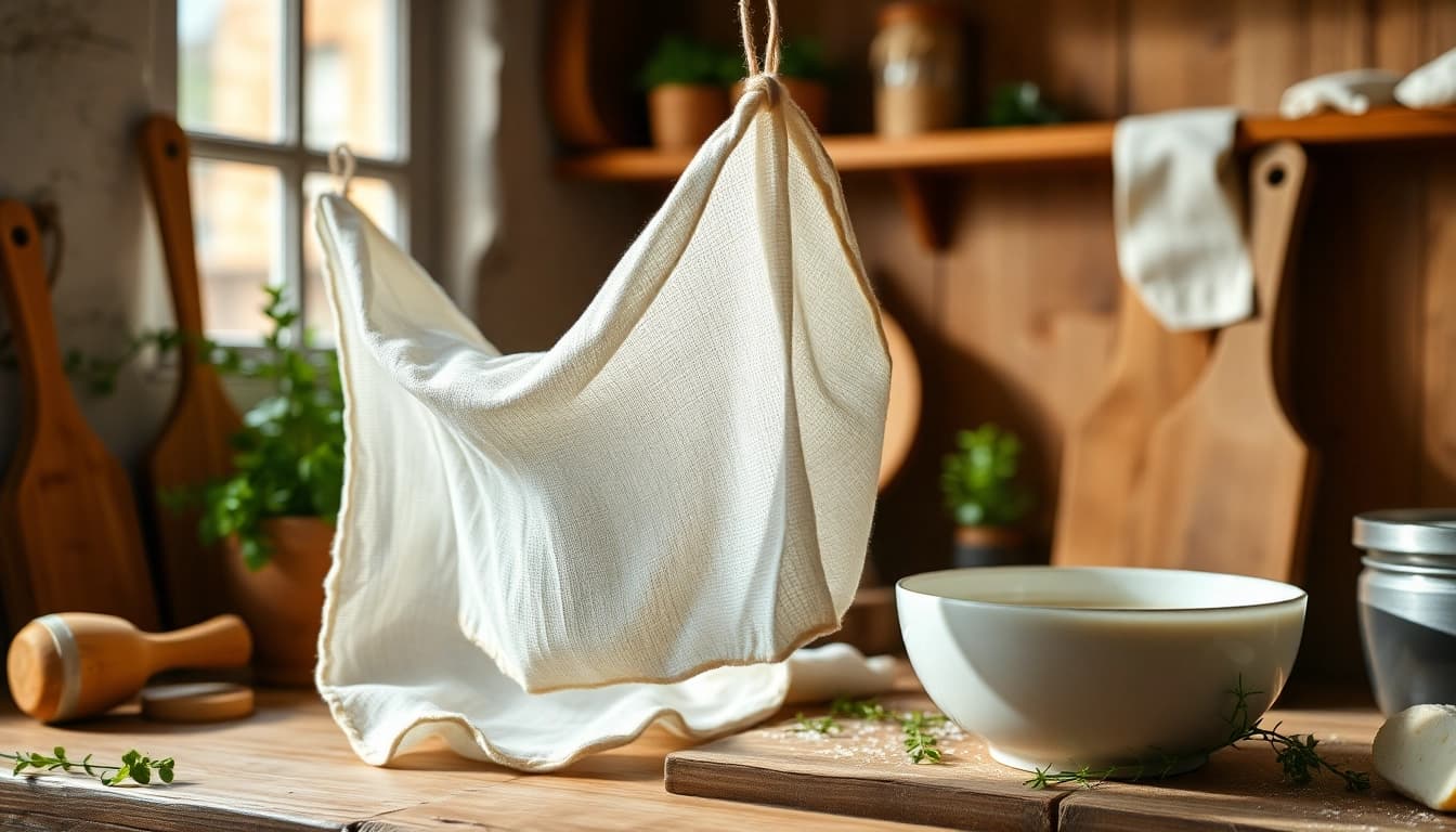 Gebruik van kaasdoek in de keuken met verse melk en houten lepel.