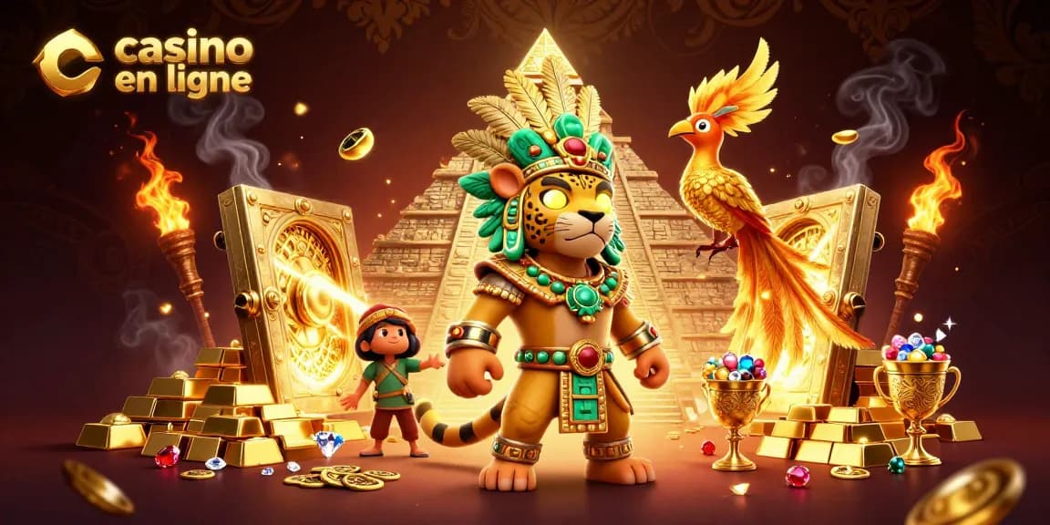 Profitez de l'excitation d'un casino en ligne avec notre illustration colorée d'un prêtre jaguar et de trésors scintillants.