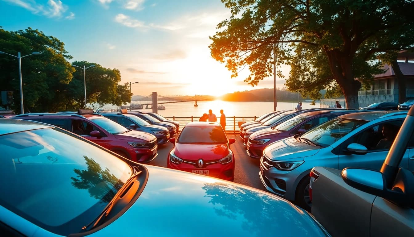 Kuching car hire scene with diverse rental cars near Sarawak River, showcasing vibrant travel options.