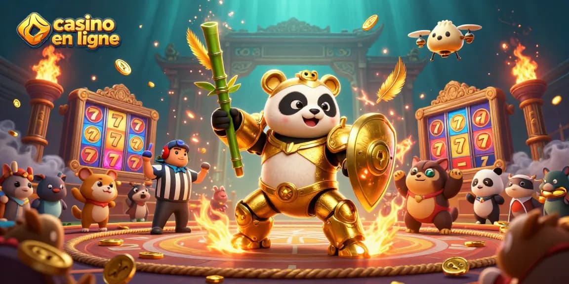 Animation engageante de casino en ligne où un panda en armure pilote un robot de combat.