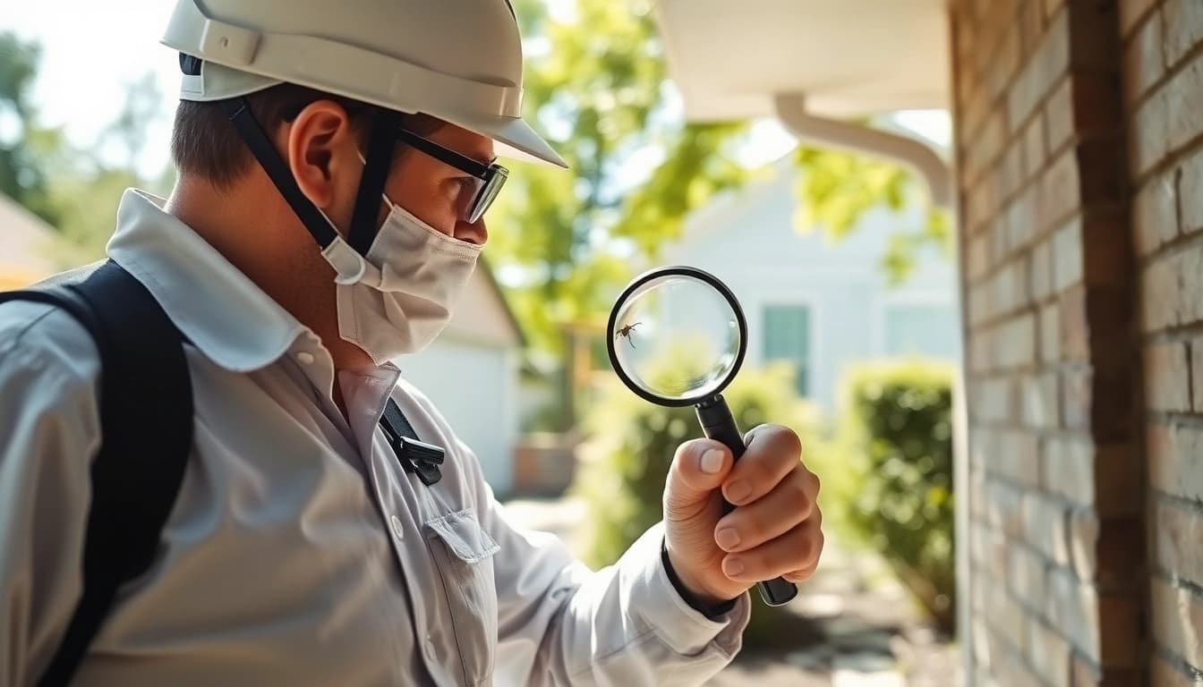Contact local exterminator inspecting a home's foundation for pest issues with professional gear.