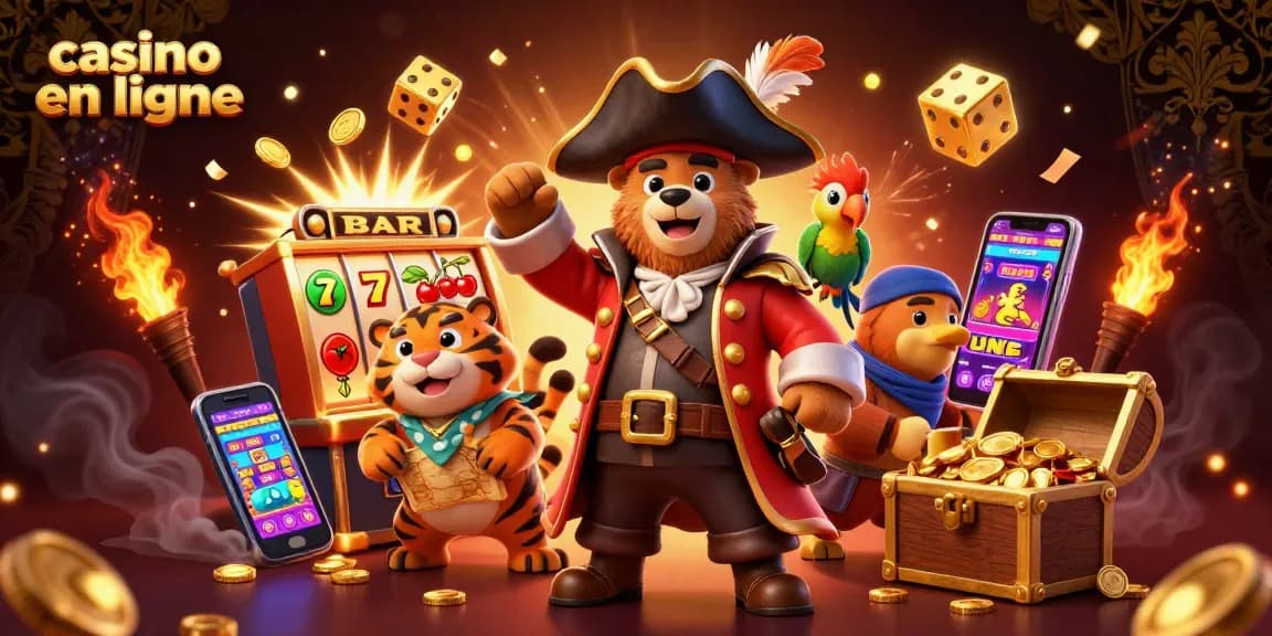Les jeux de casino en ligne prennent vie avec un ours pirate et un tigre, entourés de machines à sous.