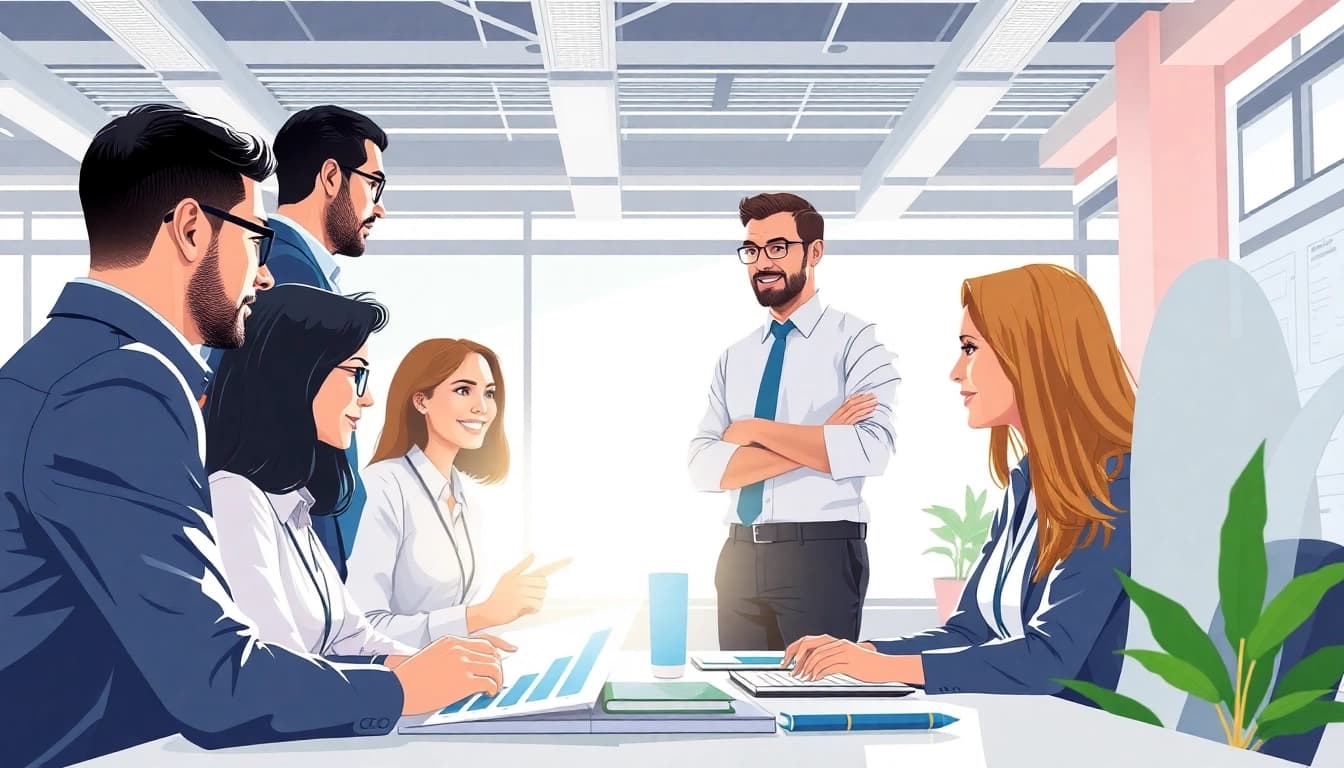 Find sales reps for my business engaging in collaborative discussions in a vibrant office.
