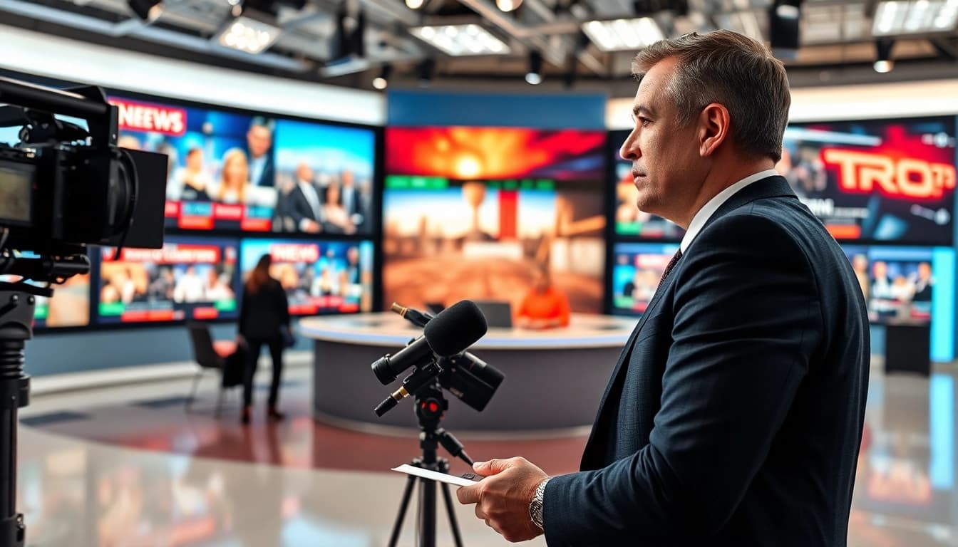 Capture news updates and vibrant discussions in a modern newsroom setting.