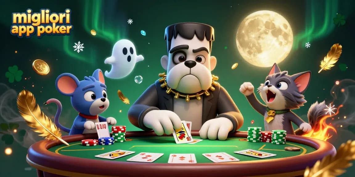 Migliori app poker: gioco dinamico con Frankenstein bulldog, gattino lupo e topolino fantasma al tavolo da poker.