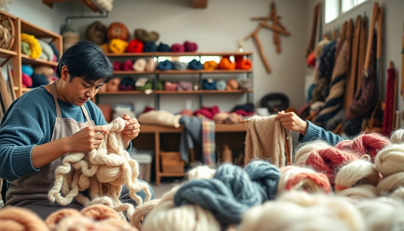 Artisan crafting unique knits at https://www.ound-ound.com highlighting sustainable fashion.