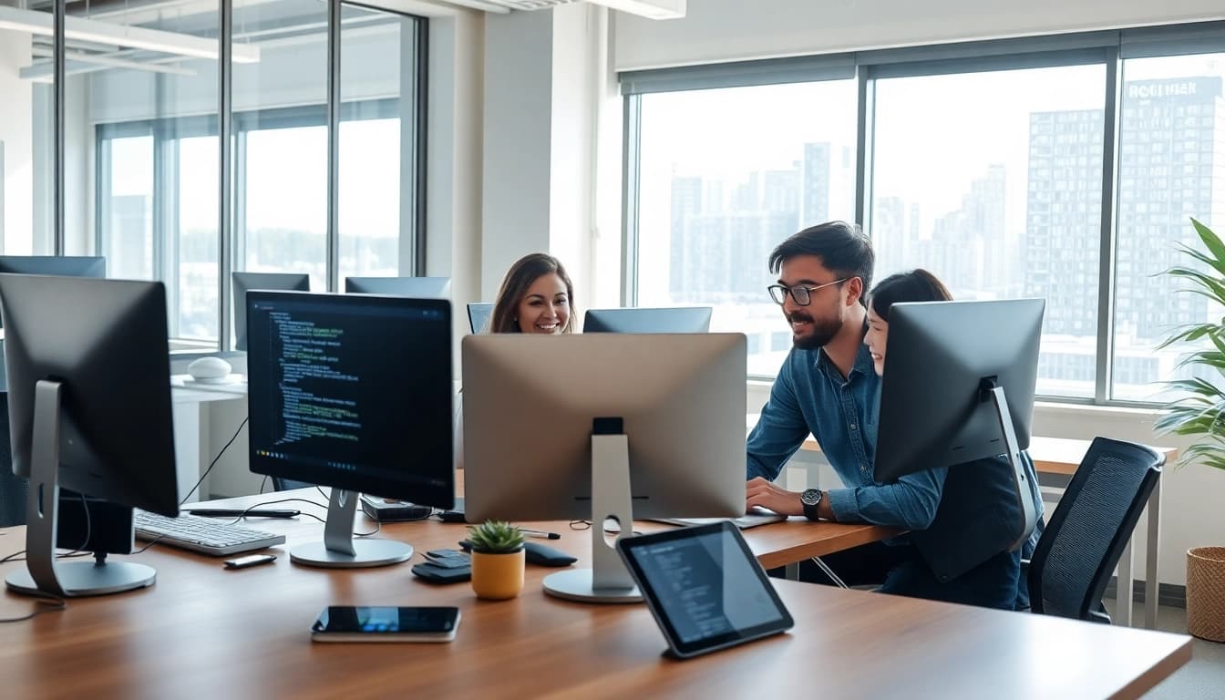 Innovative web development company team brainstorming ideas in a modern office setting.