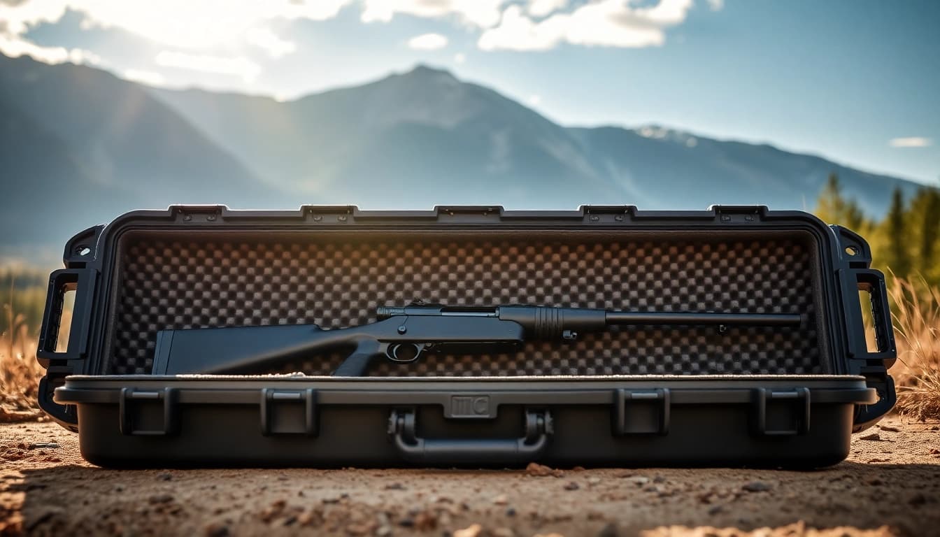 Showcase a pelican rifle case protecting a rifle in nature, highlighting durability and functionality.