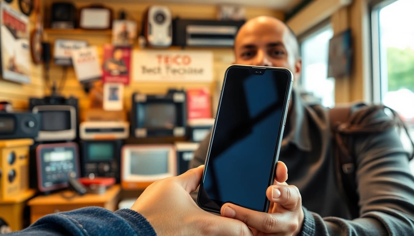 We buy old phones from satisfied customers in a vibrant tech shop.
