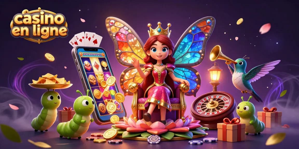 Illustration captivante "casino en ligne" avec des personnages en 3D et des éléments de jeu colorés.