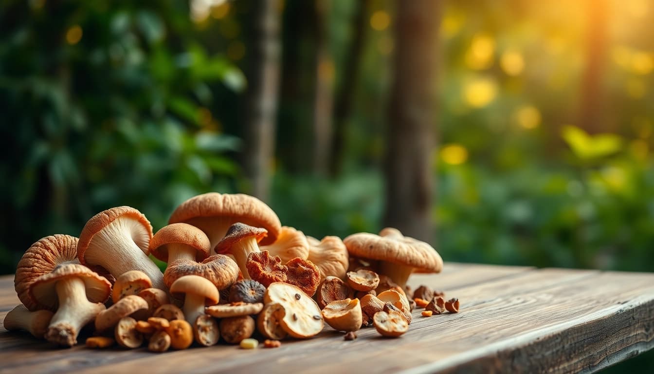 Buy mushrooms online Canada with a vibrant selection of fresh and dried mushrooms on a rustic table.