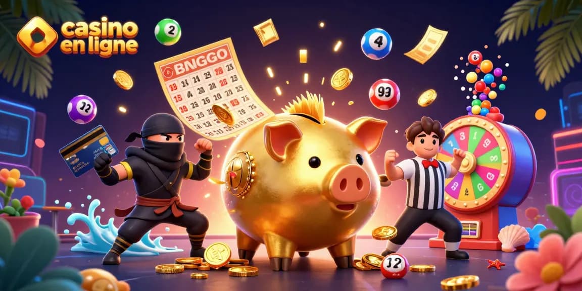 Profitez d'une scène animée de casino en ligne avec un sumo en forme de tirelire et des éléments de jeux flottants.