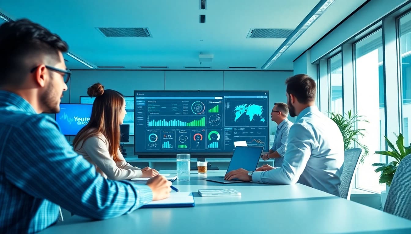 Team collaborating using an enterprise search engine, showcasing data insights and productivity.