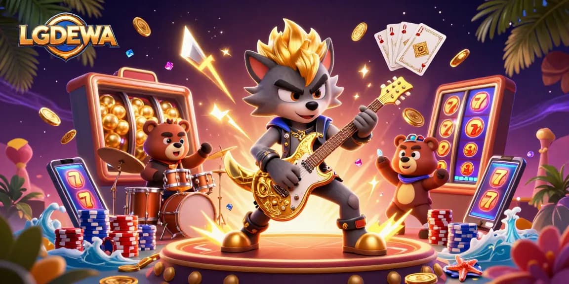 Experience LGODEWA's captivating slot games with this dynamic 3D casino illustration featuring thrilling action and vibrant elements.