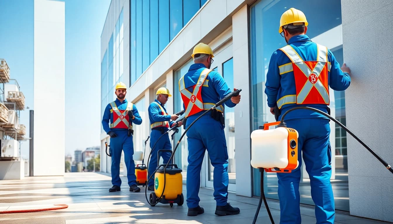 Nizkotlačno čiščenje fasade by a professional cleaning team using eco-friendly methods.