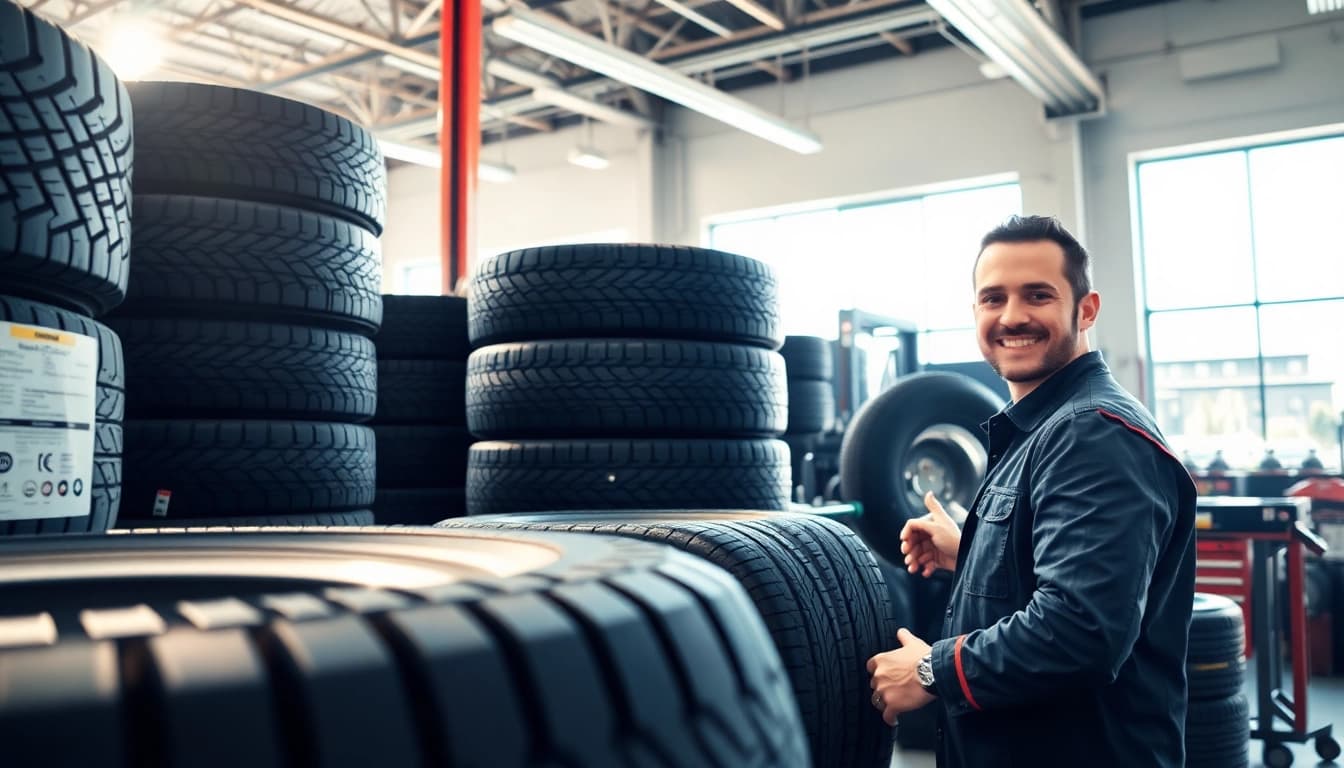 Find new tires near me Nashville with a friendly technician helping a customer at a well-lit tire shop.