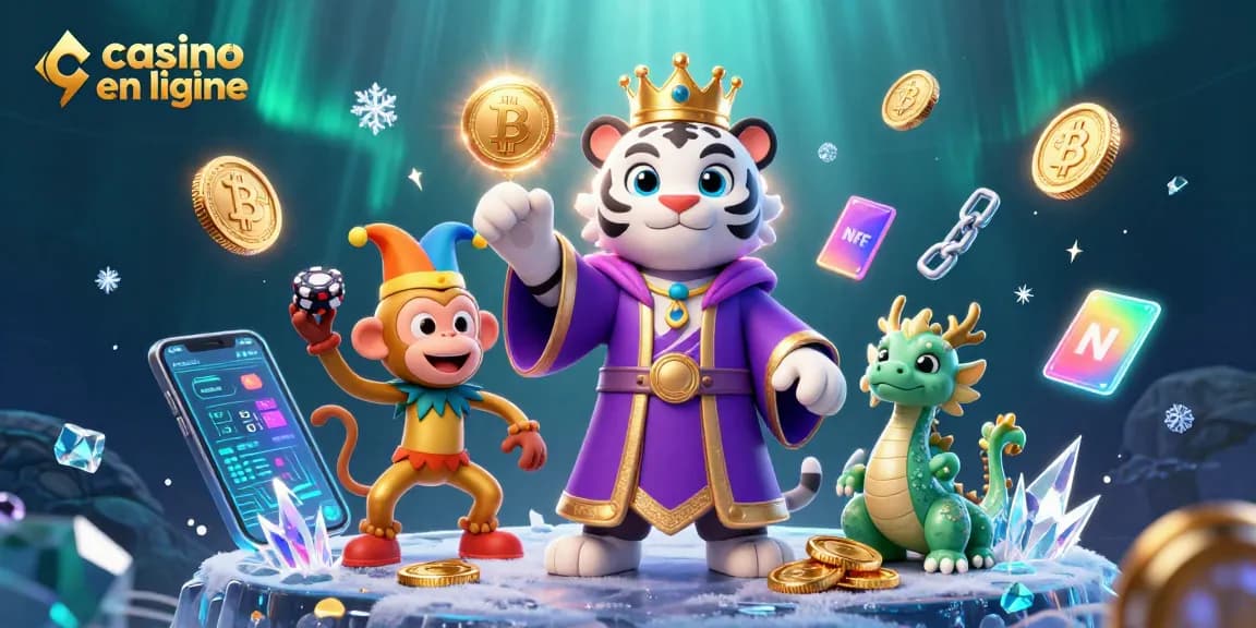 Illustration d'un tigre blanc en robe royale et couronne, accompagnés d'une mascotte jonglant des jetons dans un casino en ligne.