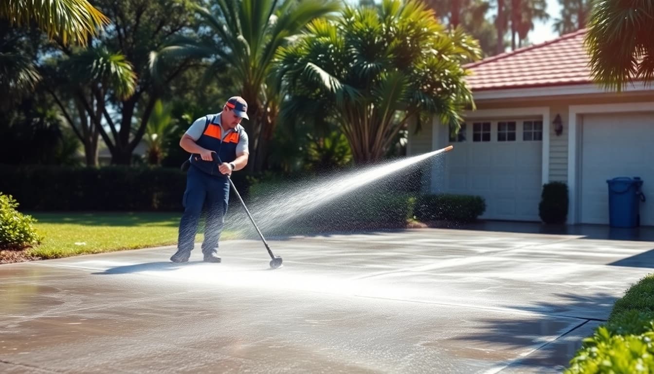 Expert pressure wash team revitalizing a driveway in Kissimmee, FL, showcasing eco-friendly practices.