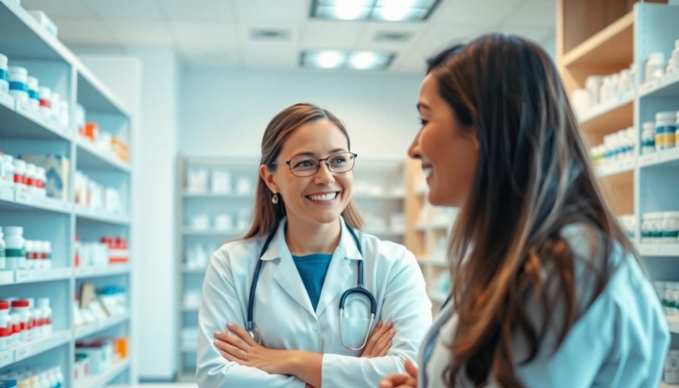 Engaging scene of a pharmacist assisting a customer at an online pharmacy.