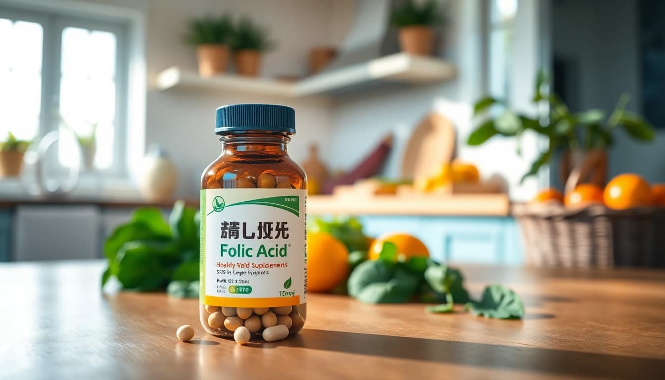 健康と栄養を強調する、新鮮な果物と野菜に囲まれた活気あるキッチンに置かれた葉酸サプリの写真。