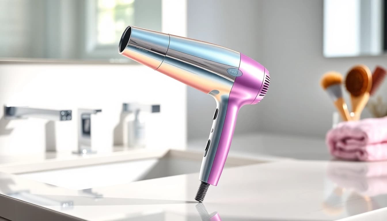 Revitalizing hair drying session with an ionic blow dryer showcasing sleek design.