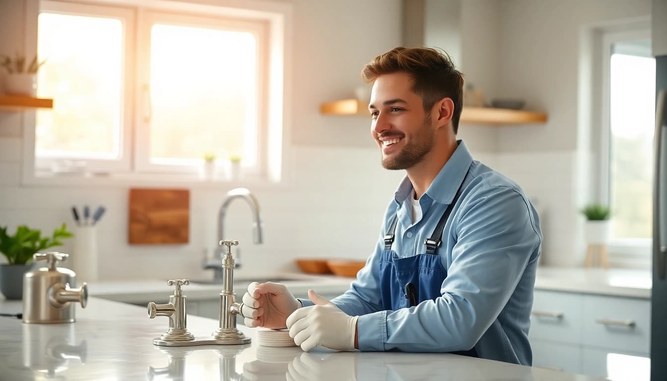 Local plumber assisting a customer in a bright kitchen with plumbing tools.