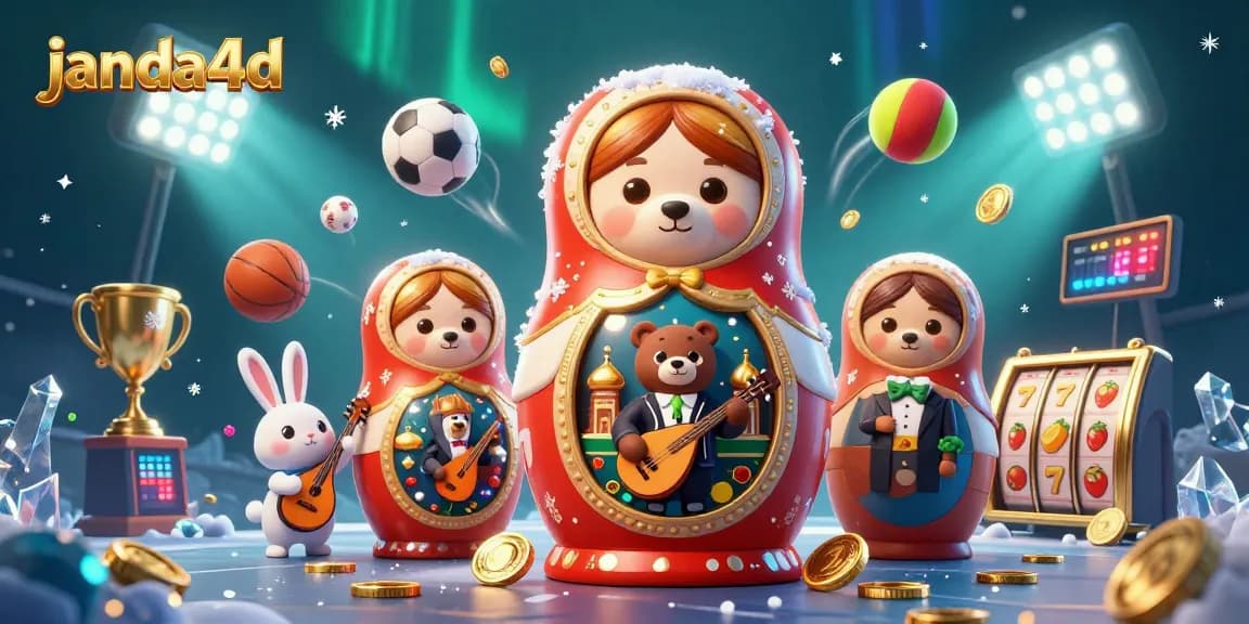 Janda4d menghadirkan suasana kasino dengan karakter beruang Matryoshka dan komponen perjudian yang menarik.