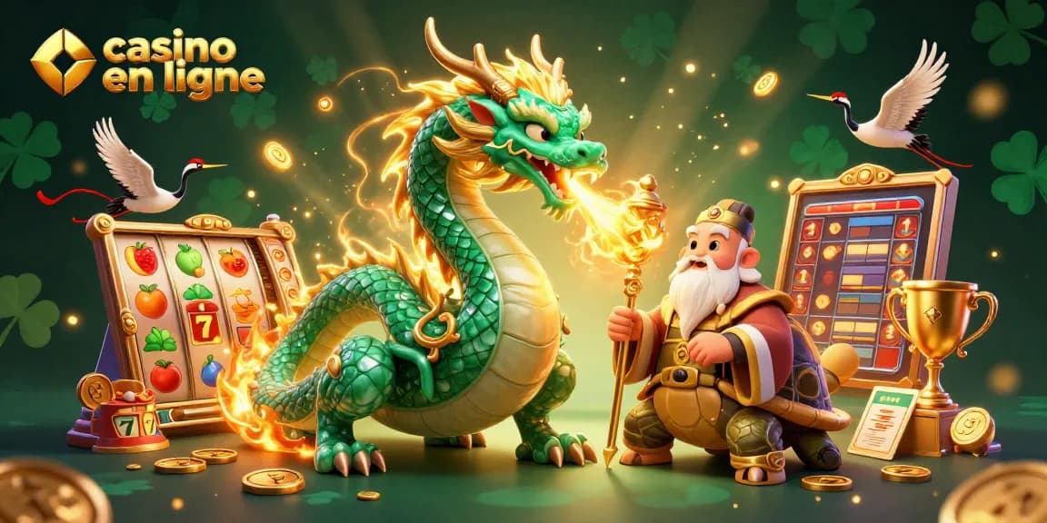 Illustration animée d'un dragon émeraude et de symboles de casino en ligne, ambiance festive.