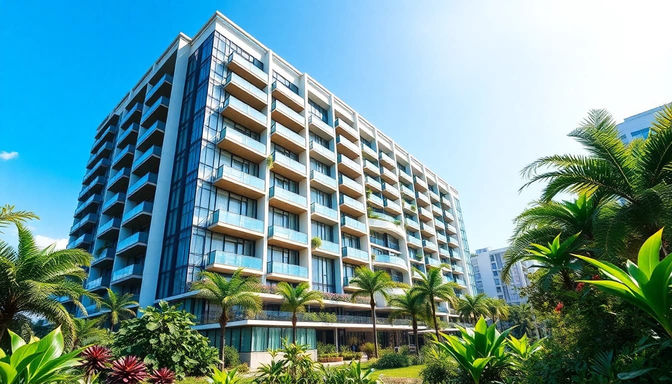 View the modern high-rise condos featured on https://newdeveloperlaunch.sg amidst lush greenery.