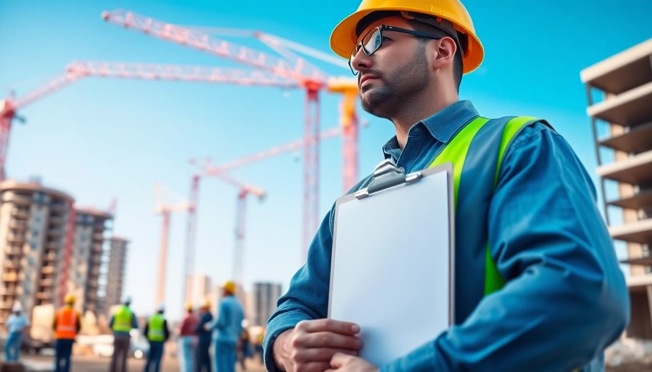 New Jersey Construction Manager overseeing a bustling construction site filled with activity and energy.