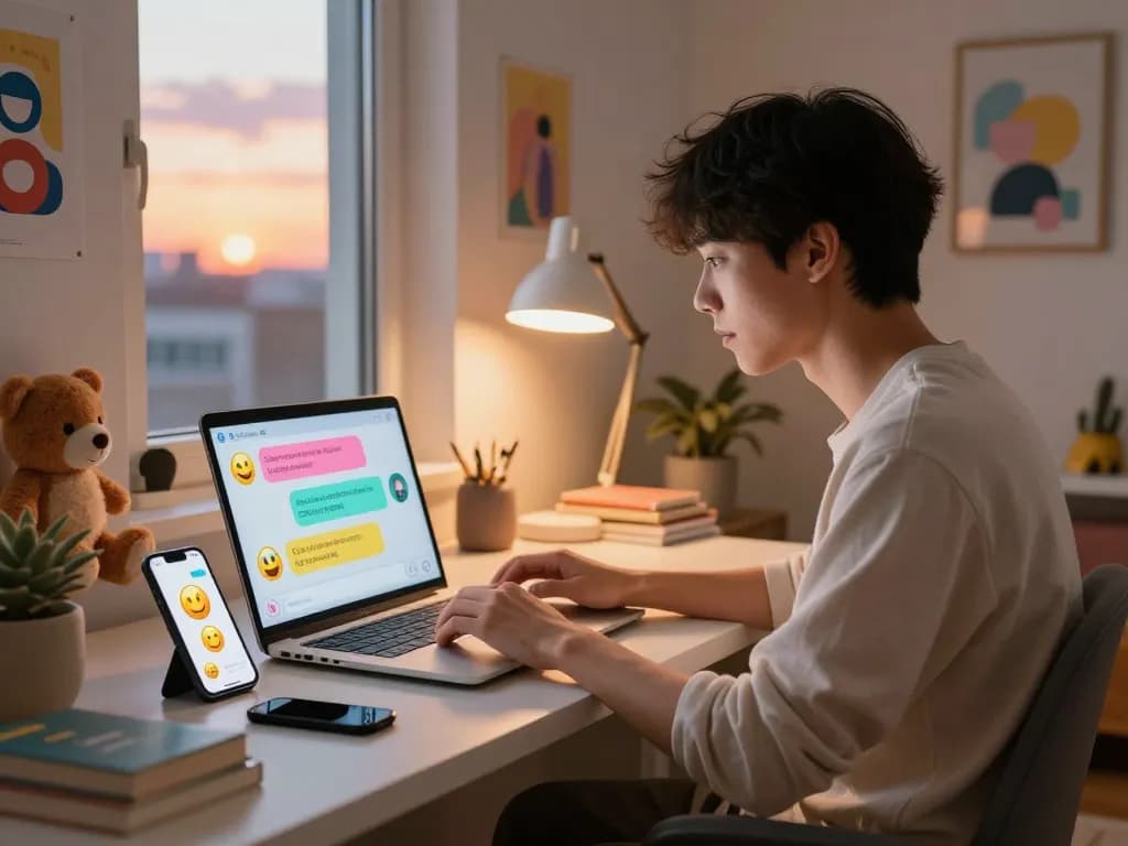 This engaging scene showcases a young adult conversing with an AI slut chatbot in a cozy workspace, highlighting modern digital interactions.