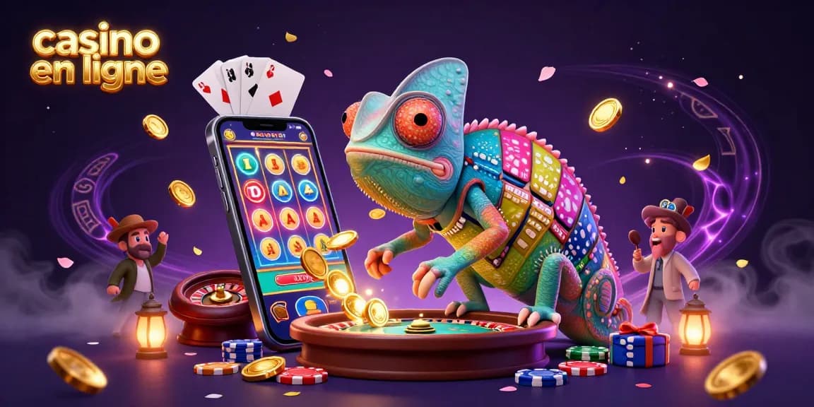 Visuel captivant de casino en ligne avec le propriétaire caméléon et des éléments de jeu en 3D.