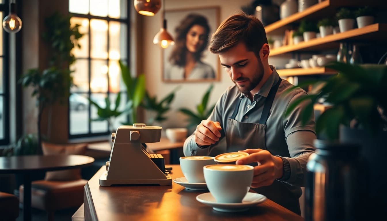 Association coffee shop Madrid with a charming barista preparing coffee and cozy ambiance.