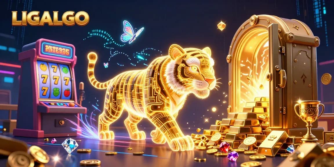 LIGALGO showcases thrilling casino action with a neon tiger amidst gleaming slots and treasures.