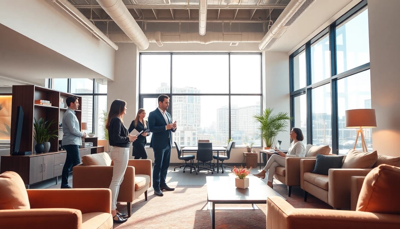 Real Estate office showcasing collaboration and modern design in a bright environment.