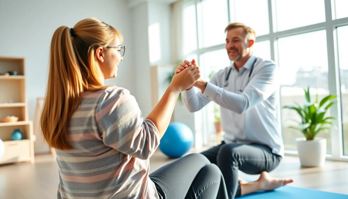 Physiotherapie in action, where a therapist assists a patient with exercises in a bright clinic.