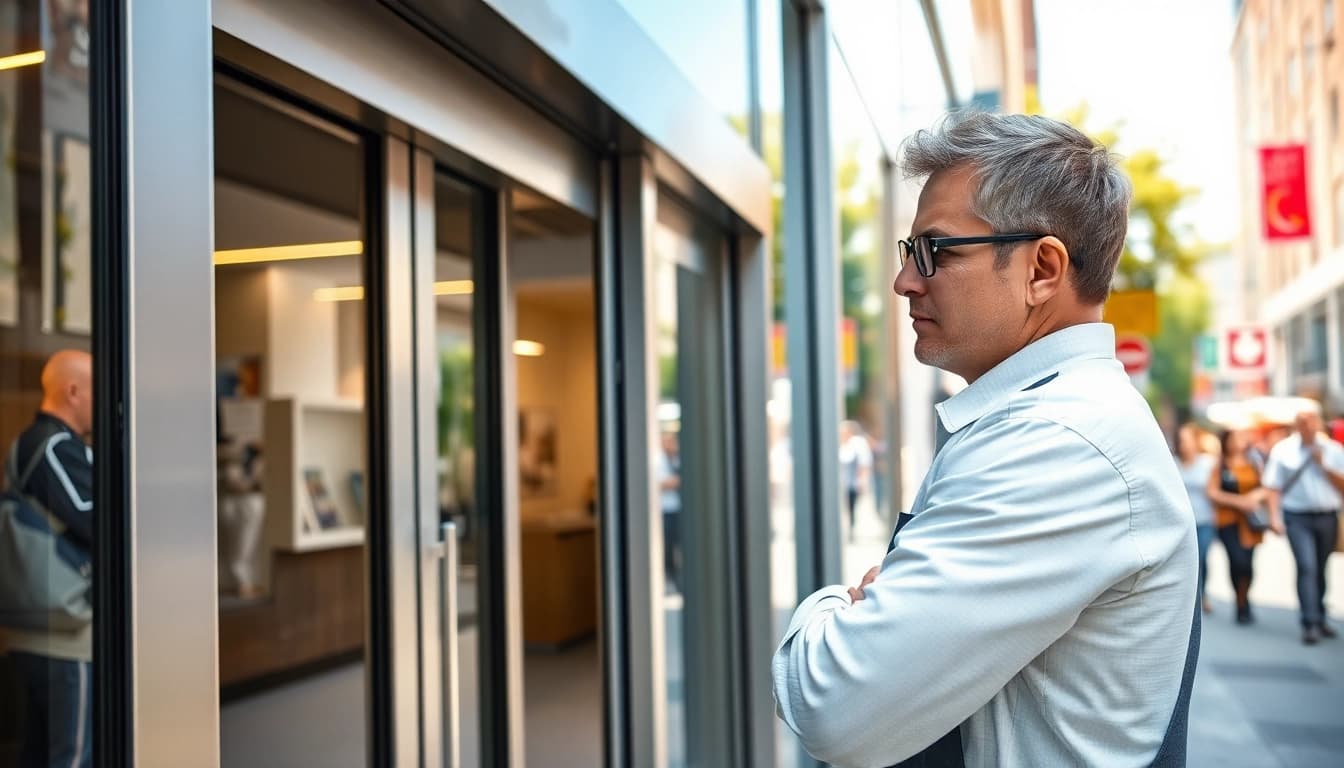 Automatic door specialist repairing a modern sliding door in an urban setting