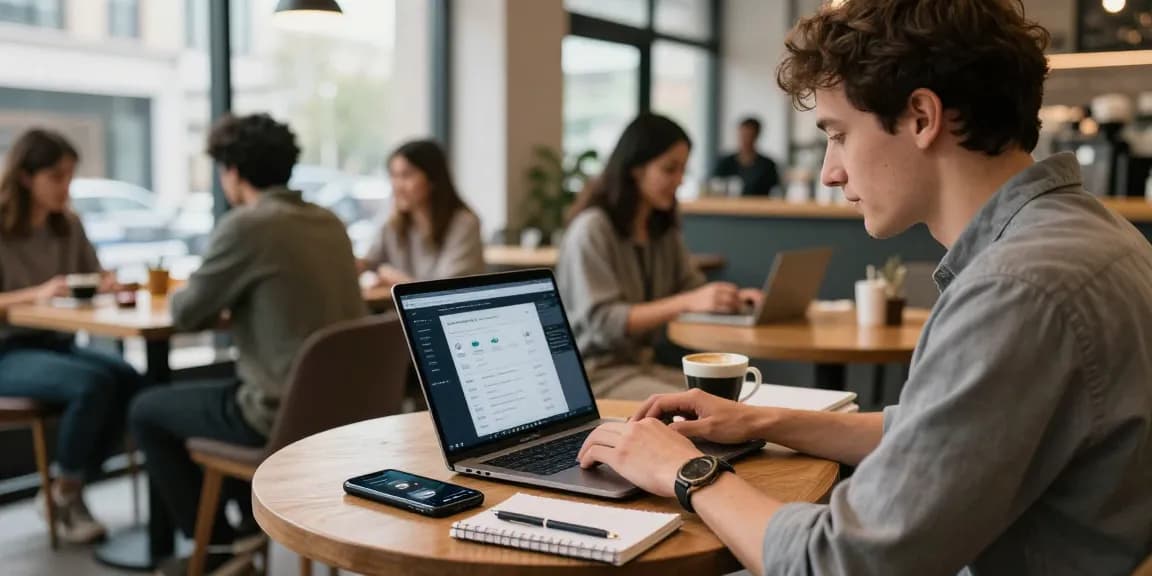 Crypto mining without equipment explored in a modern café environment with cloud mining platforms and digital wallets displayed
