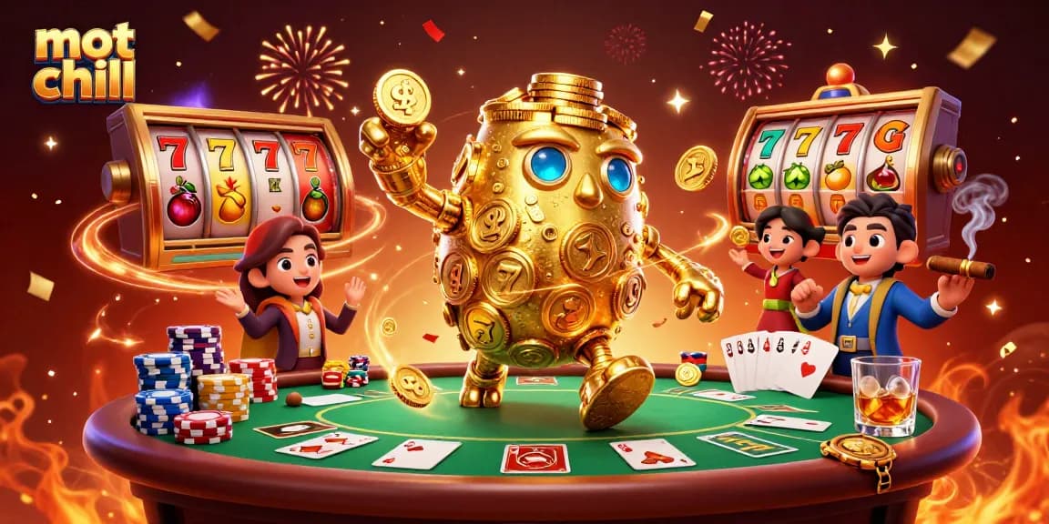 Experience thrilling action with mot chill featuring a golden golem and vibrant casino elements.