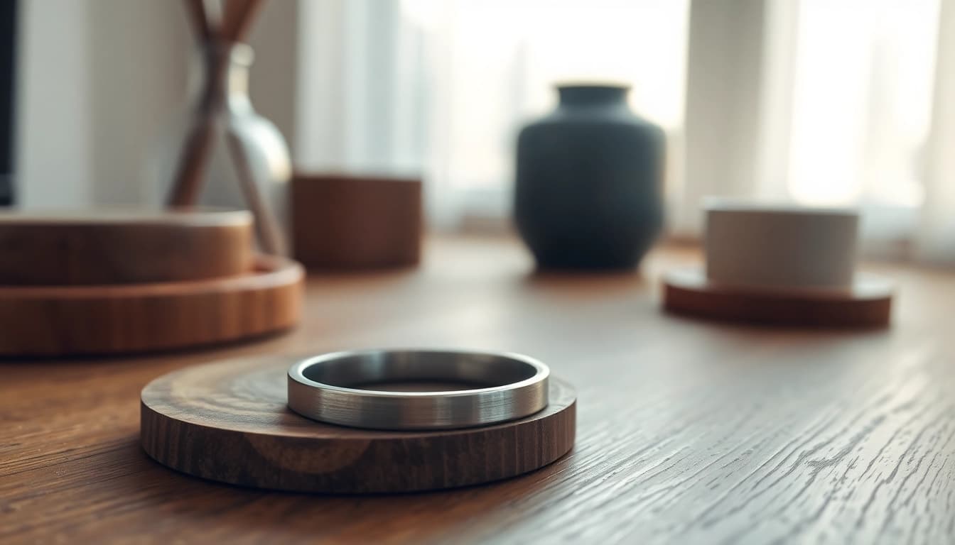 Showcasing the stylish Ringconn smart ring on a wooden surface emphasizing its sleek design.