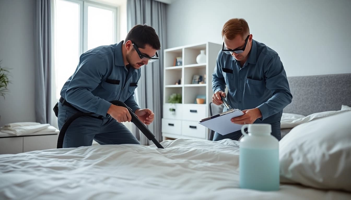 Bed bug exterminators providing thorough inspection in an apartment setting.