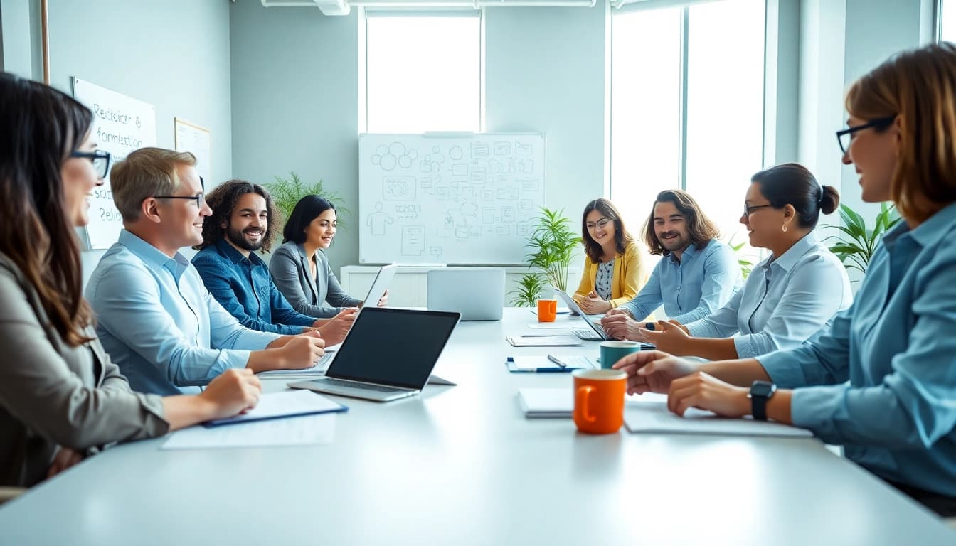 Engaged professionals collaborating at https://valuesfirst.com in a bright, modern office space.