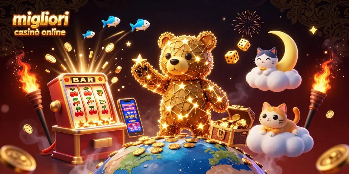 Gioca nei migliori casinò online con simboli iconici e jackpot esplosivi in un'illustrazione accattivante.