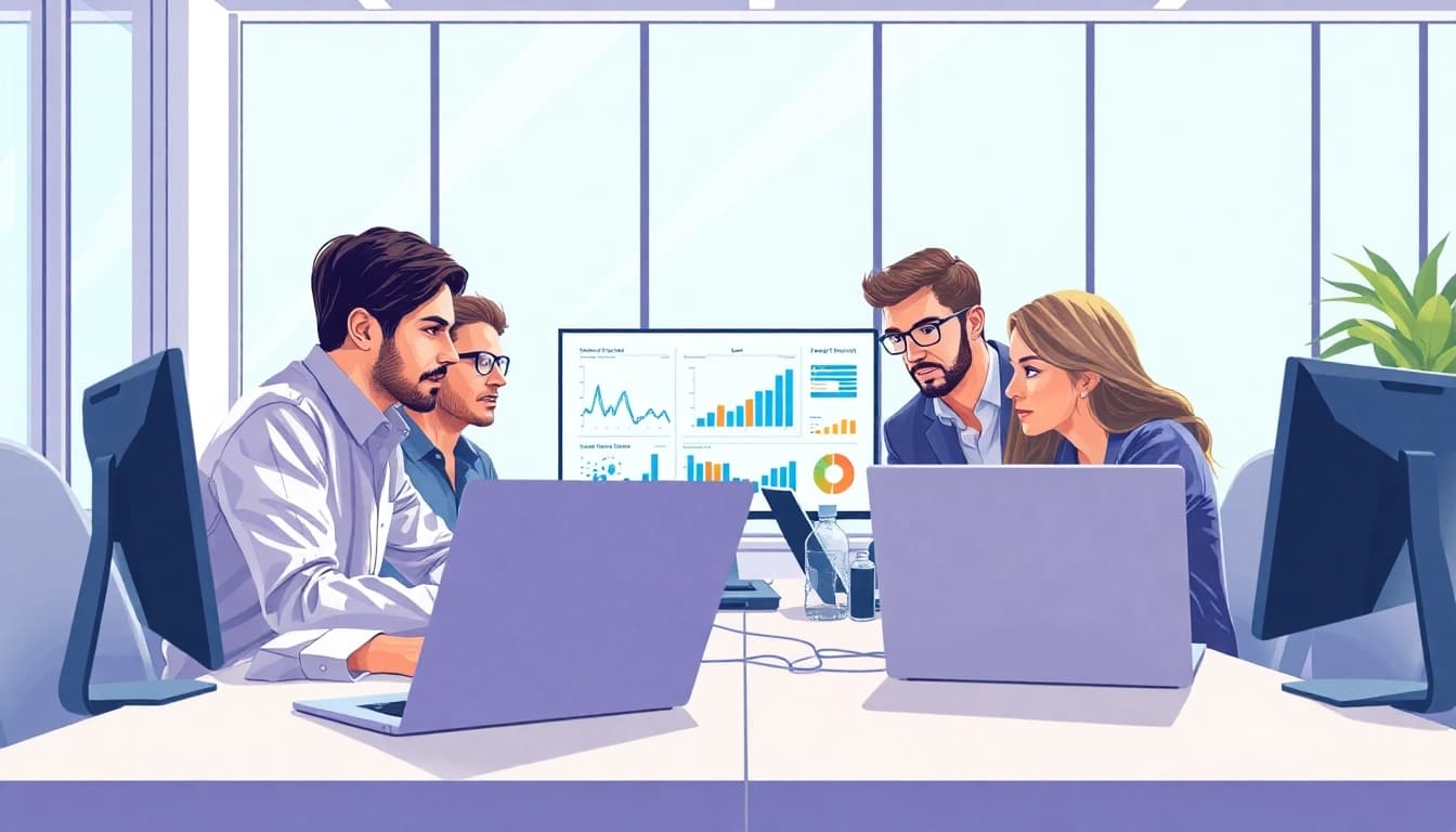 Visualize functional QA testing with a diverse team collaborating in a modern office.
