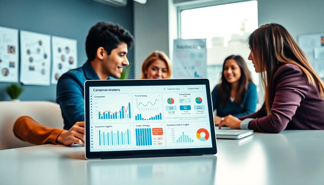 Analyze competitor customer list in a professional office setting with engaged team members.