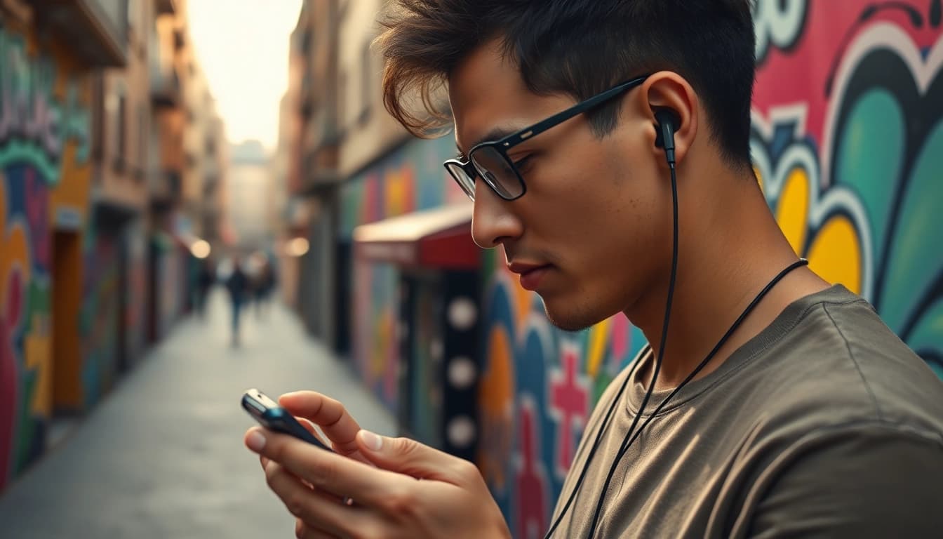 Musician using MV88 earphones in a lively urban scene with creative backdrop.