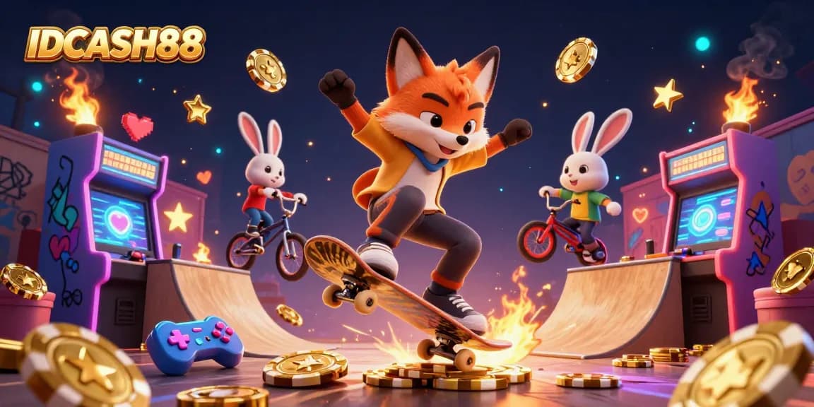 Experience the thrilling gameplay of IDCASH88 with a dynamic 3D illustration featuring animated casino characters.